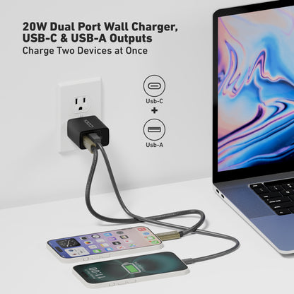 20W Dual Port Wall Charger, USB-C & USB-A Outputs