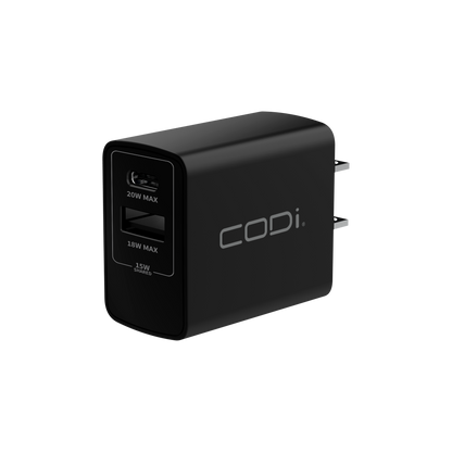 20W Dual Port Wall Charger, USB-C & USB-A Outputs