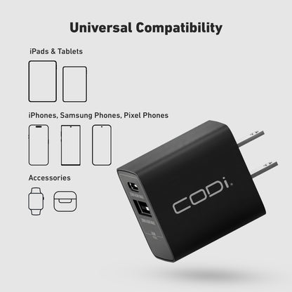 20W Dual Port Wall Charger, USB-C & USB-A Outputs