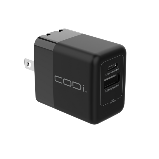 30W Dual Port Wall Charger, USB-C & USB-A Outputs