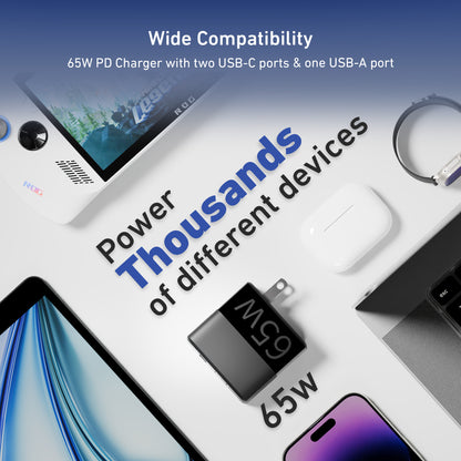 65W GaN Triple Port Wall Charger, USB-C & USB-A Outputs