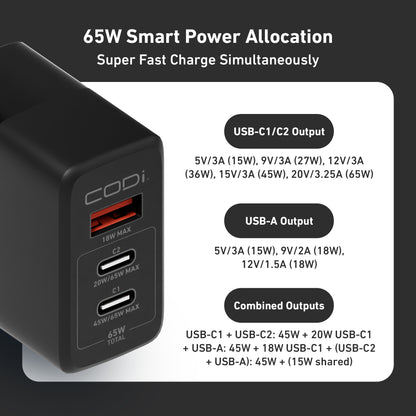 65W GaN Triple Port Wall Charger, USB-C & USB-A Outputs