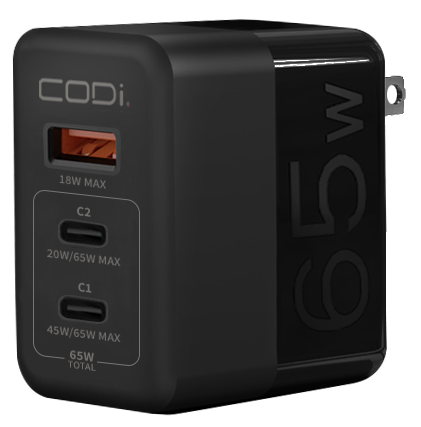 65W GaN Triple Port Wall Charger, USB-C & USB-A Outputs