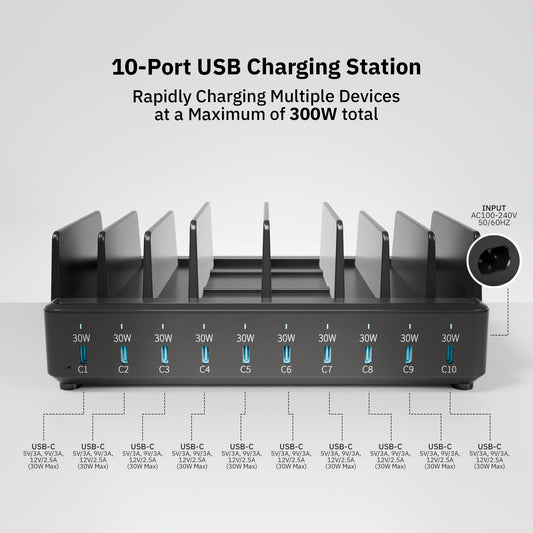 300W 10 Port USB-C Charging Station