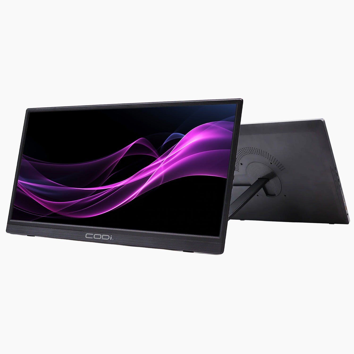 Computer monitor with a colorful display on a white background