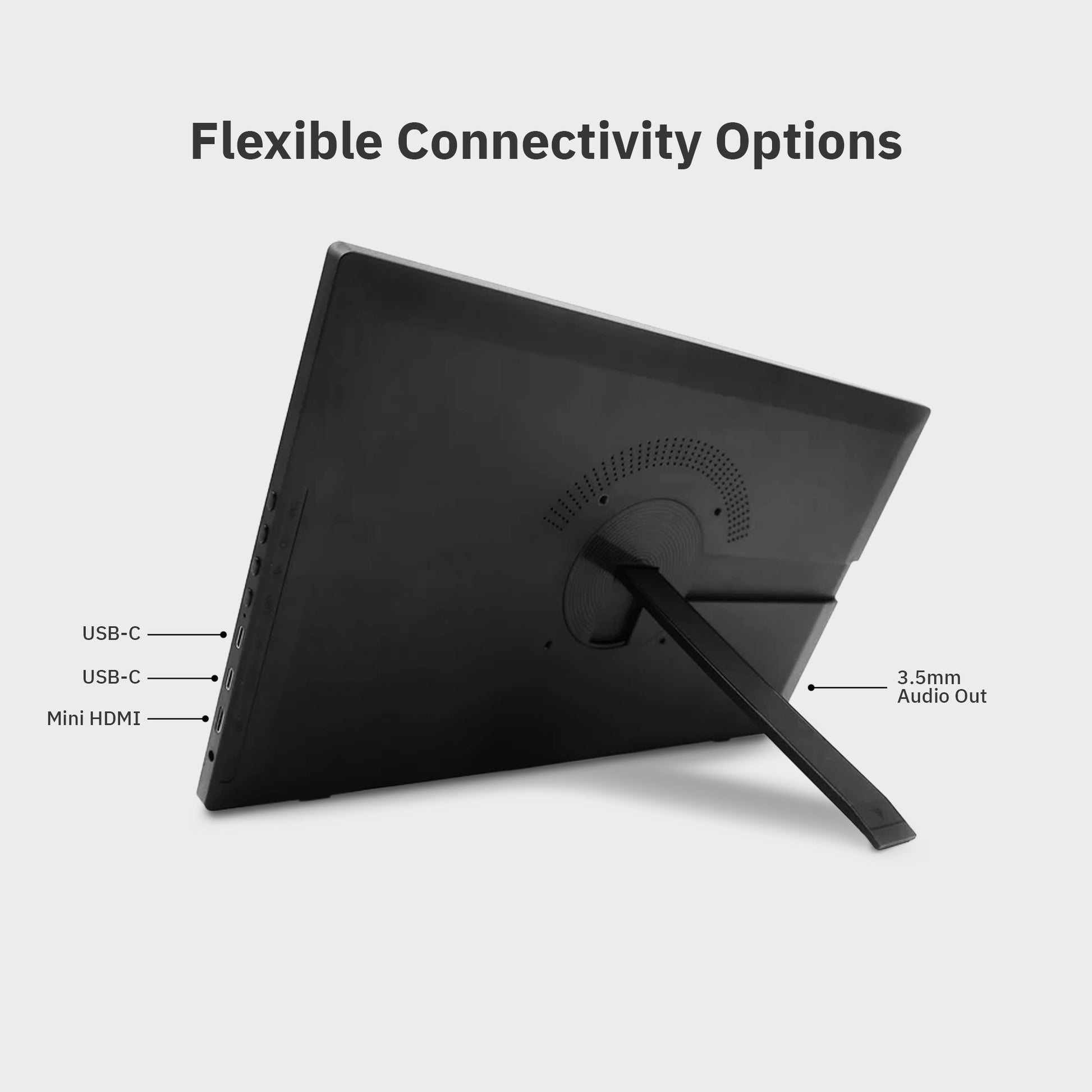 Black portable monitor with stand on a white background, showing connectivity options.