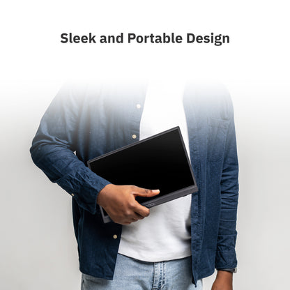 Person holding a sleek black device with text 'Sleek and Portable Design' on a white background